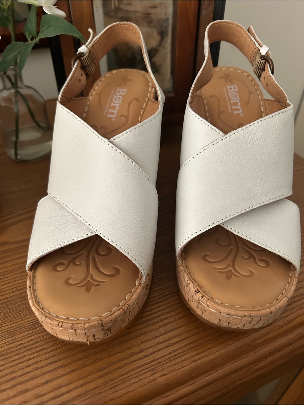 Born White Leather Crisscross Cork Wedge Sandals